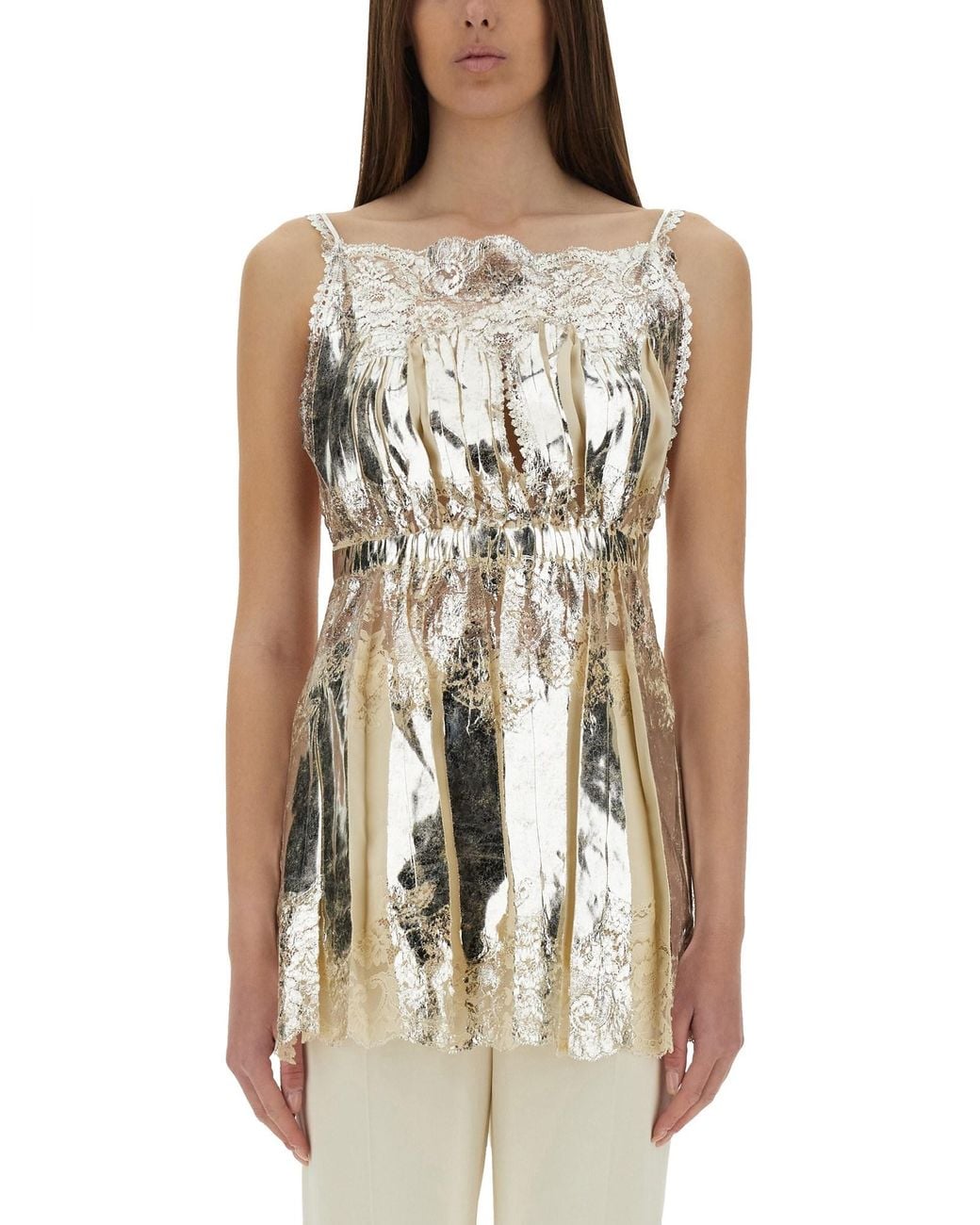Rabanne Natural Laminated Pleated Satin Top