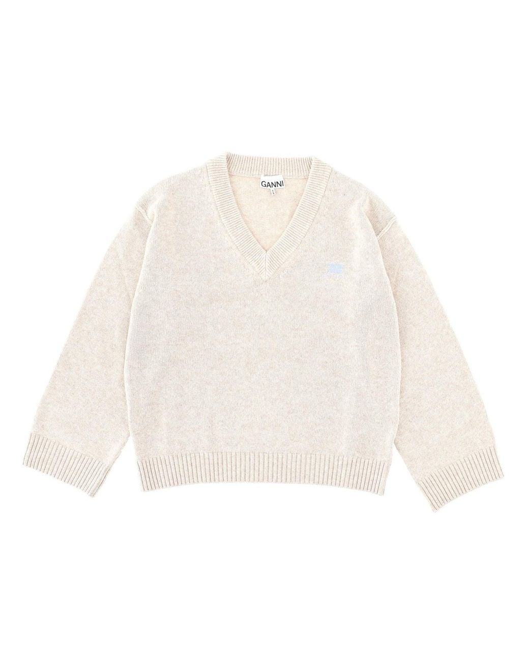 Ganni White Solid V Neck Sweater