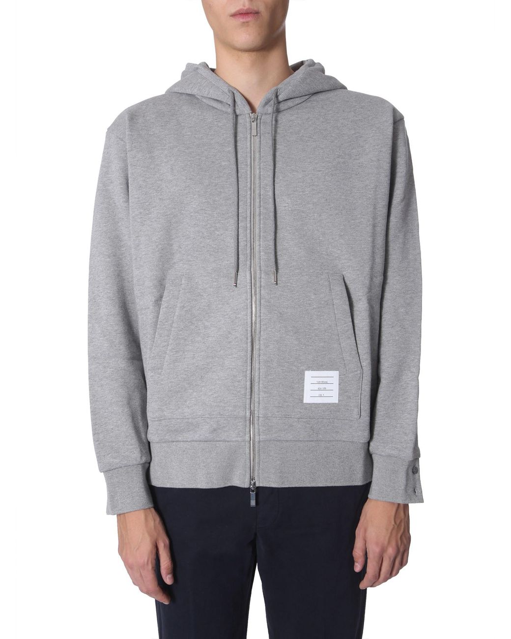 Thom Browne Hooded Cotton Sweatshirt With Tricolor Band On Back in Grey ...
