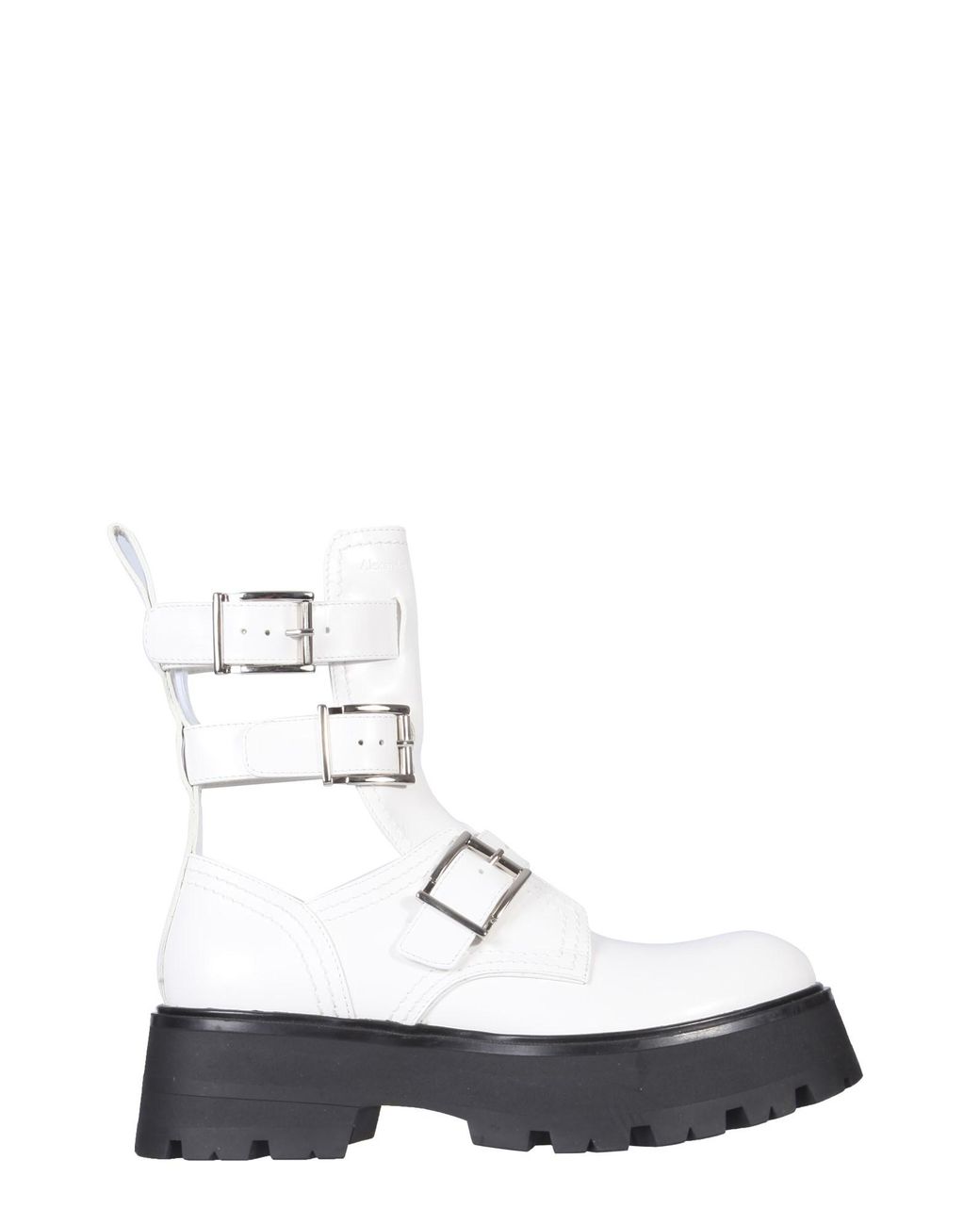 McQueen White Buckle-Fastening Leather Ankle Boots