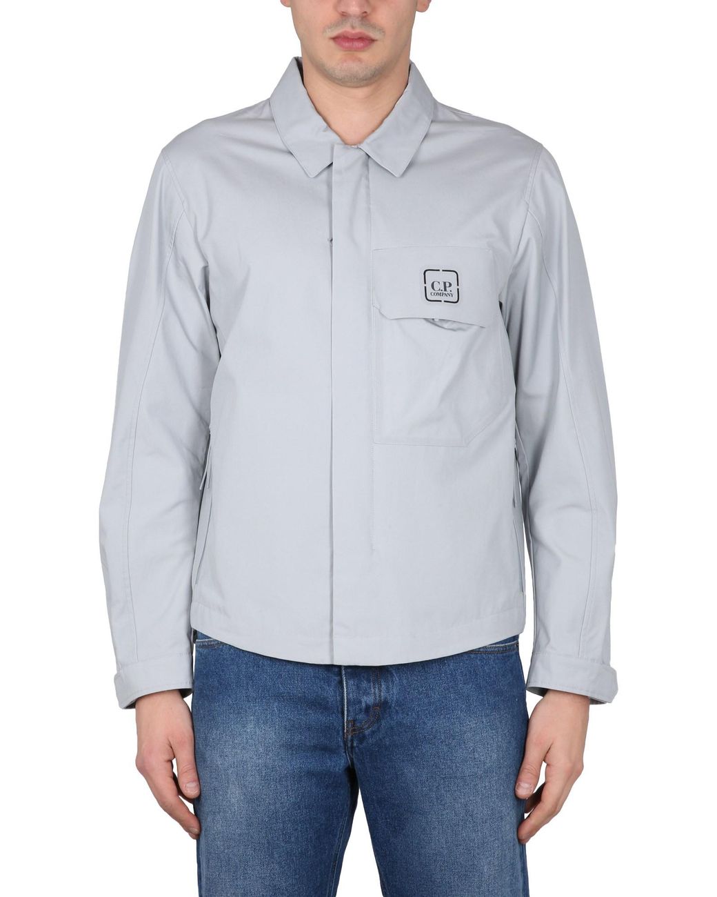 C P Company Blue Front Zip Shirt With Classic Collar And Logo Detail for men
