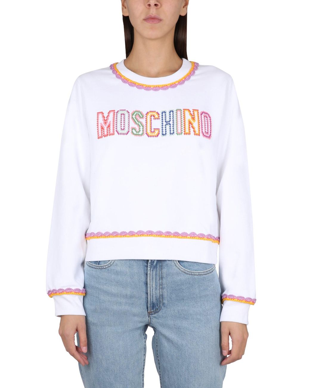 Moschino White Crewneck Sweatshirt With Embroidered Logo And Scalloped Trim