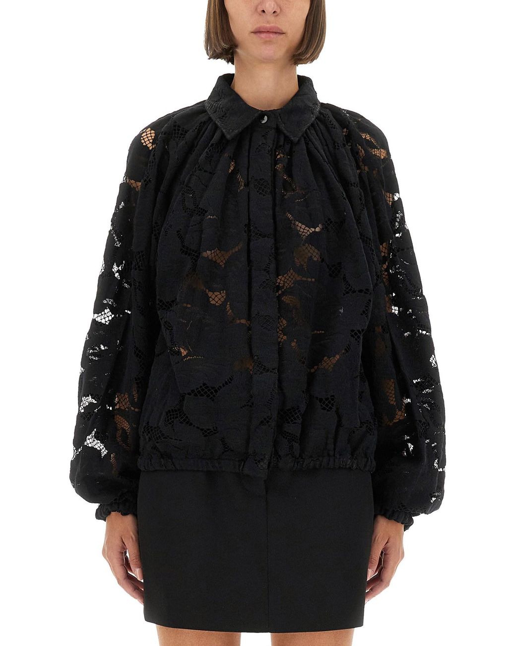 Patou Black Balloon-Sleeve Lace Blouse
