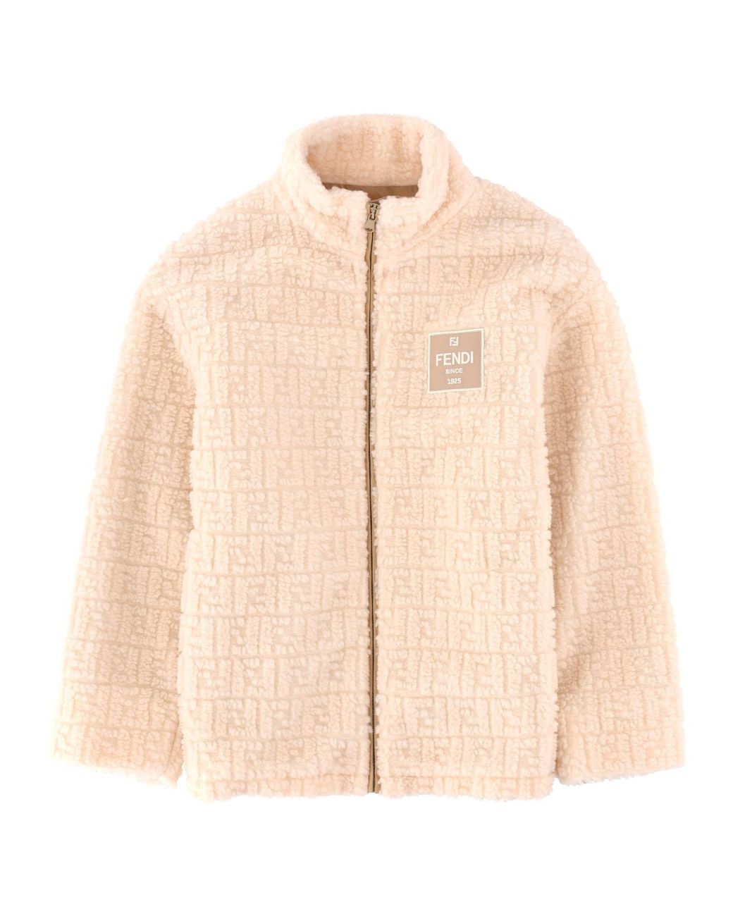 Fendi Natural Giacca Teddy Con Logo 3D Tono Su Tono All-Over E Patch Con Logo