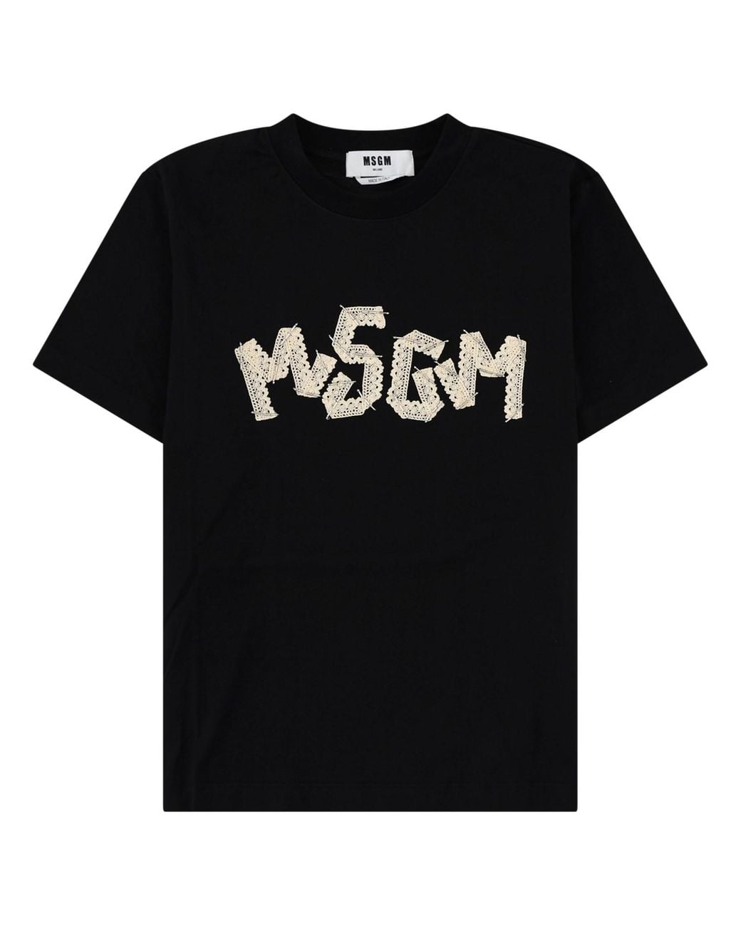 MSGM Black T-Shirt With Lace-Embroidered Logo Cotton T-Shirts