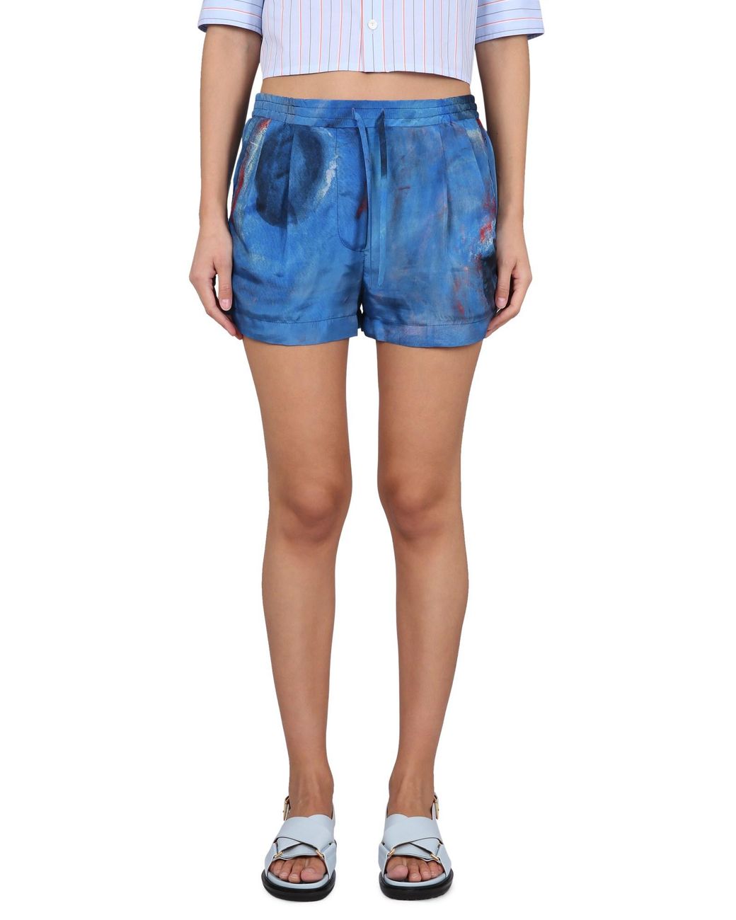 Marni Blue Relaxed-Fit Silk Shorts With Artistic Print