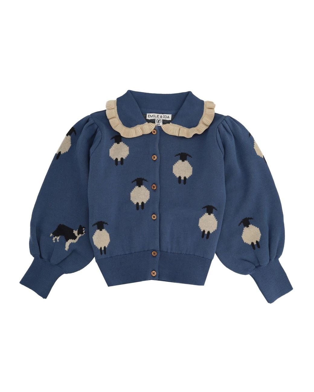 Emile Et Ida Blue Cardigan Jacquard Con Colletto E Volant A Contrasto