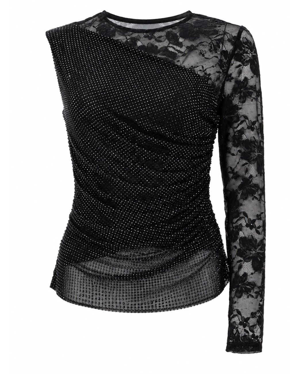 Self-Portrait Black Top Monospalla Con Strass E Pizzo