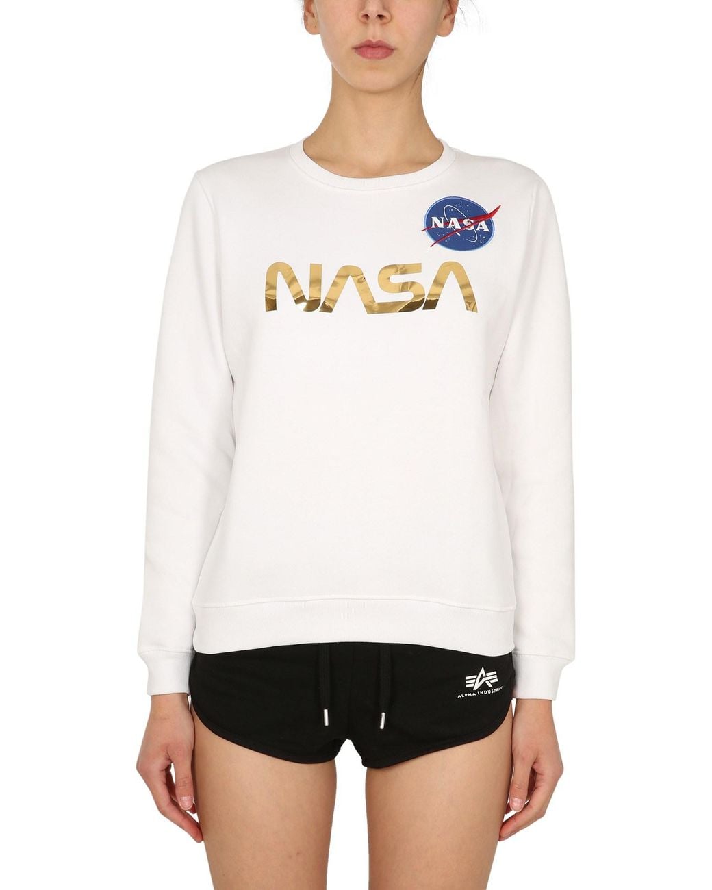 Alpha Industries White "nasa" Cotton Sweatshirt With Laminated Print