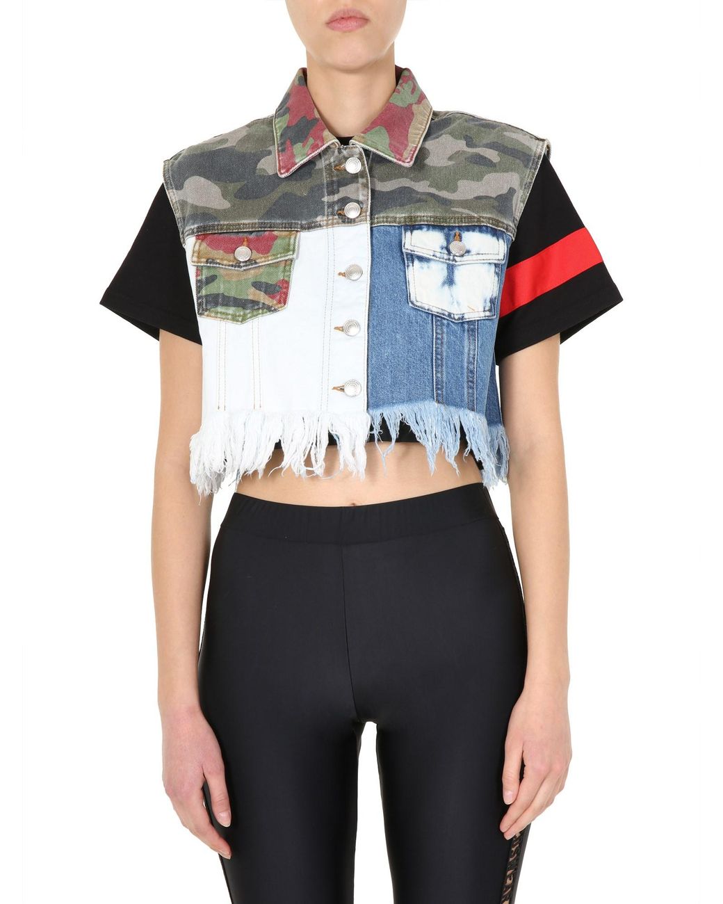 Gcds Black Cropped Denim Vest With Patchwork Design