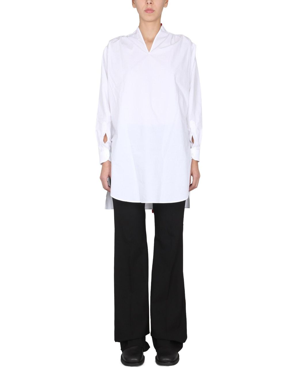 Raf Simons White V-Neck Cotton Top With Bow-Detail Collar