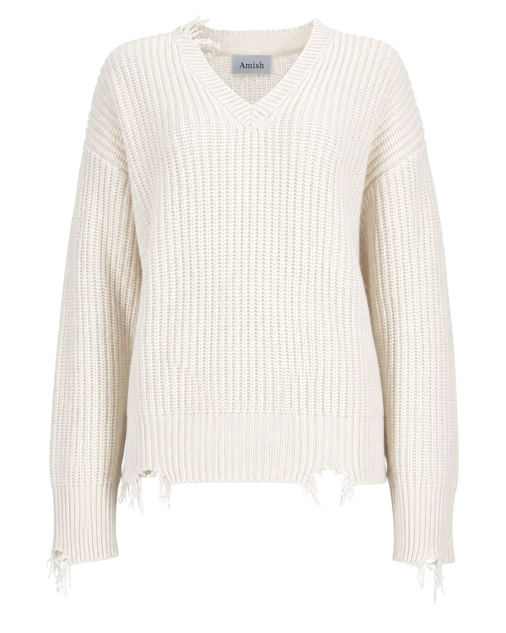 AMISH White Pullover Distressed Con Scollo A V