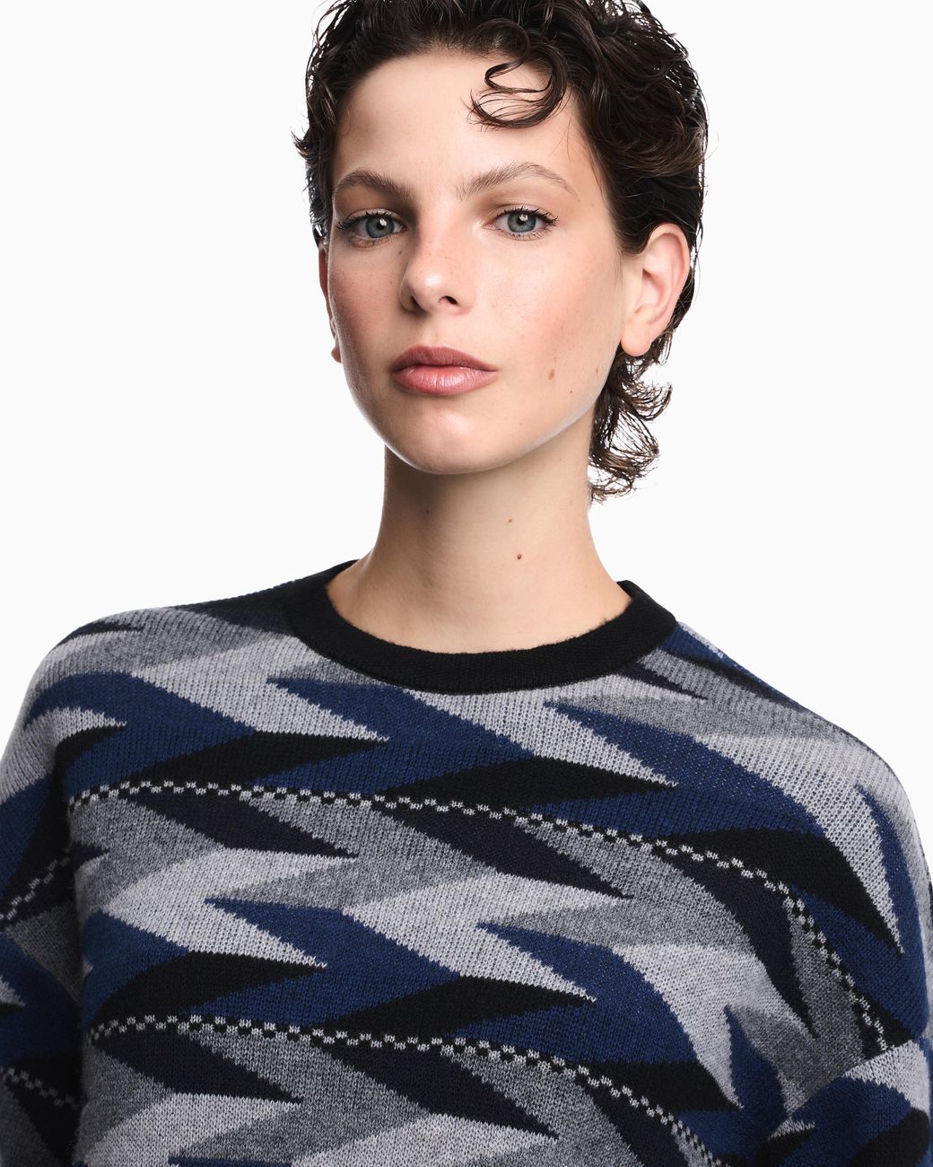 Emporio Armani Blue Wool-Blend Jacquard Jumper