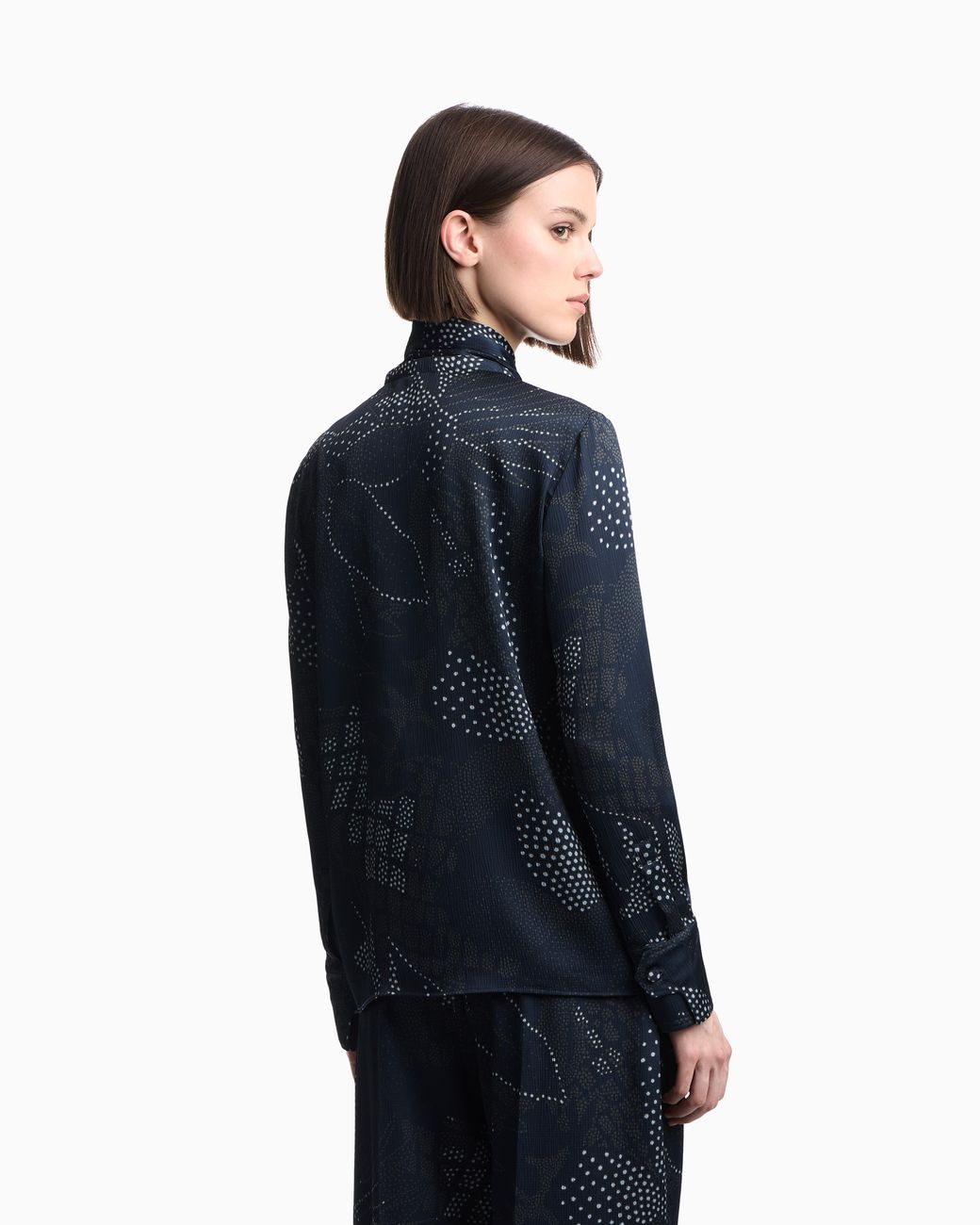 Emporio Armani Blue Creponne Shirt With Dotted Floral Print And A Neck Tie