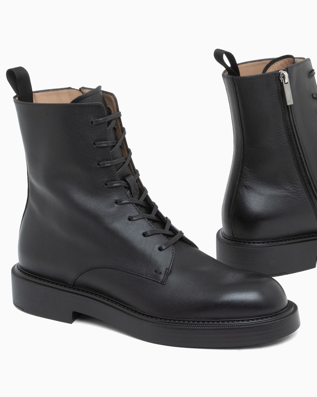 Emporio Armani Black Smooth Leather Lace-Up Combat Boots With Side Zipper for men