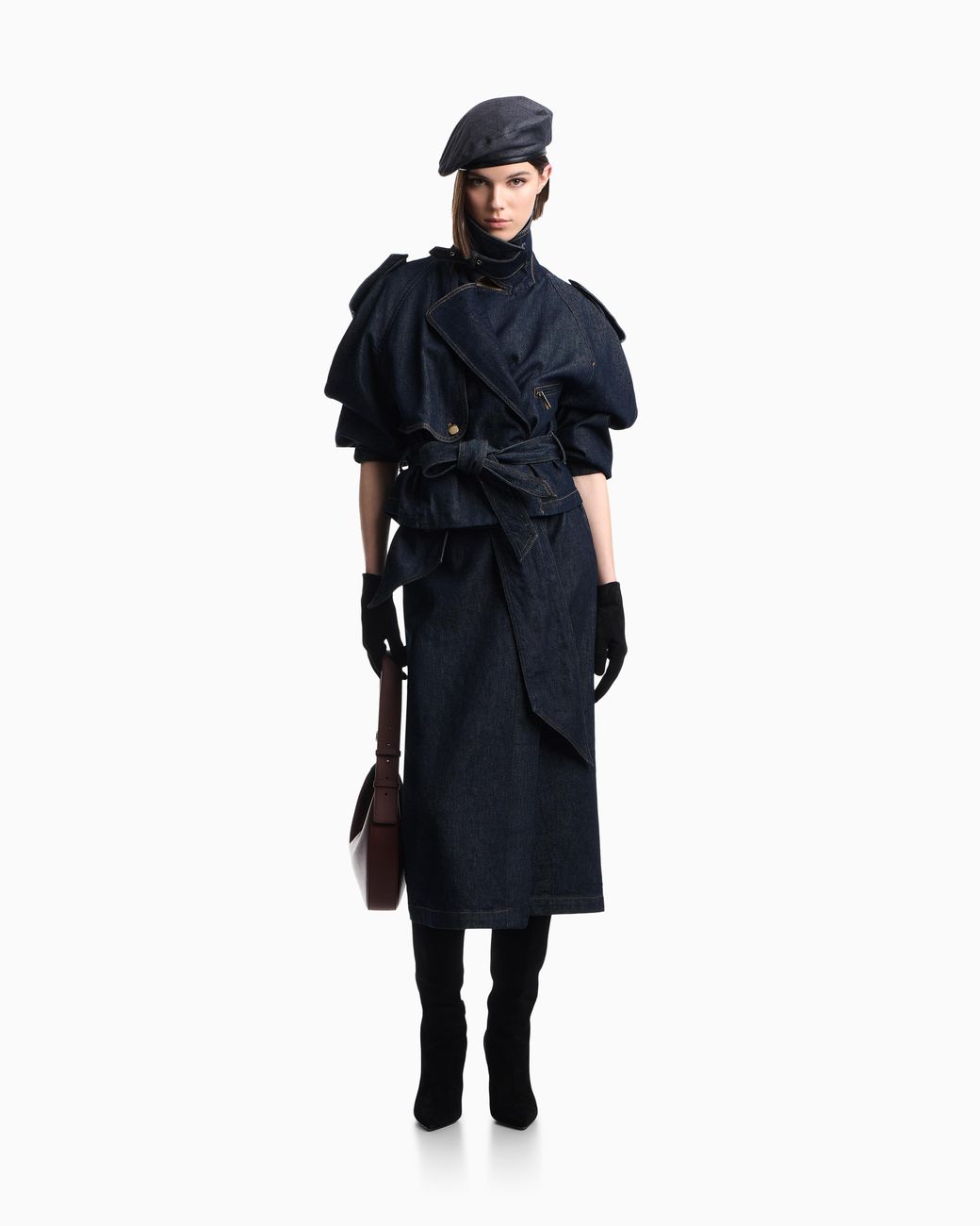 Emporio Armani Blue Cotton Denim Skirt With A Wide Waistband And Self-Tie Belt