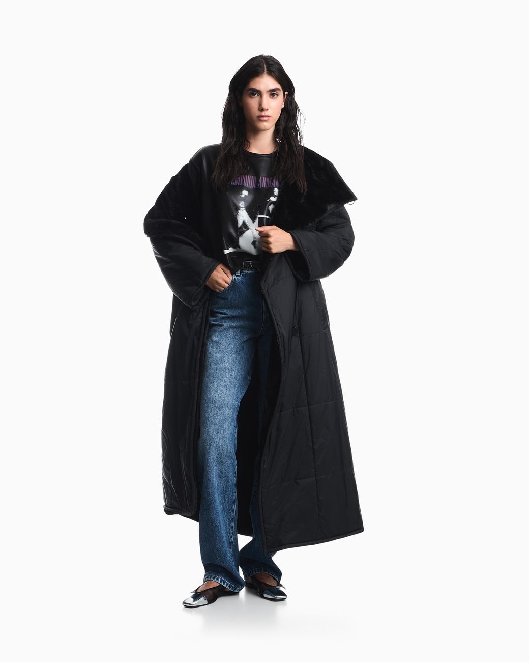 Emporio Armani Black Faux Fur Down Coat With High Collar And Waist Belt