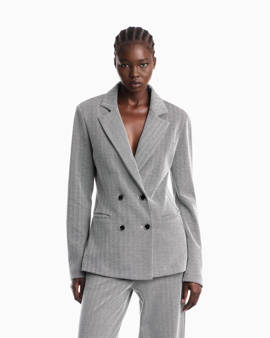 Emporio Armani Gray Double-Breasted Cotton Jersey Blazer With A Chevron Pattern