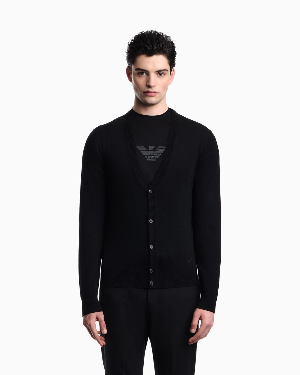 Emporio Armani Black Pure Virgin Wool V-Neck Cardigan for men