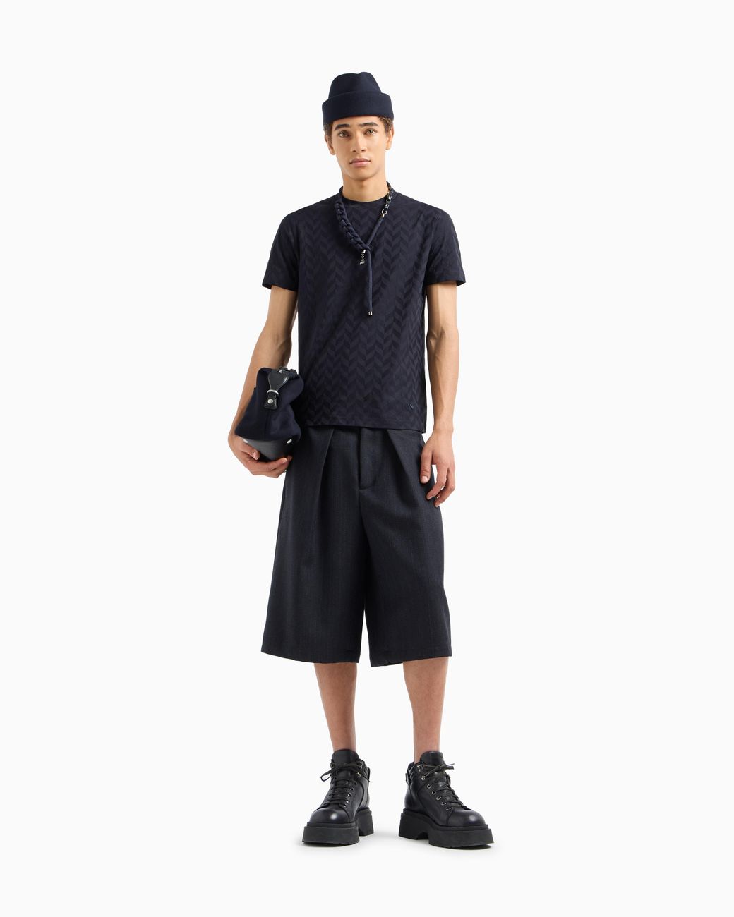Emporio Armani Blue Jersey T-Shirt With All-Over Jacquard Pattern for men