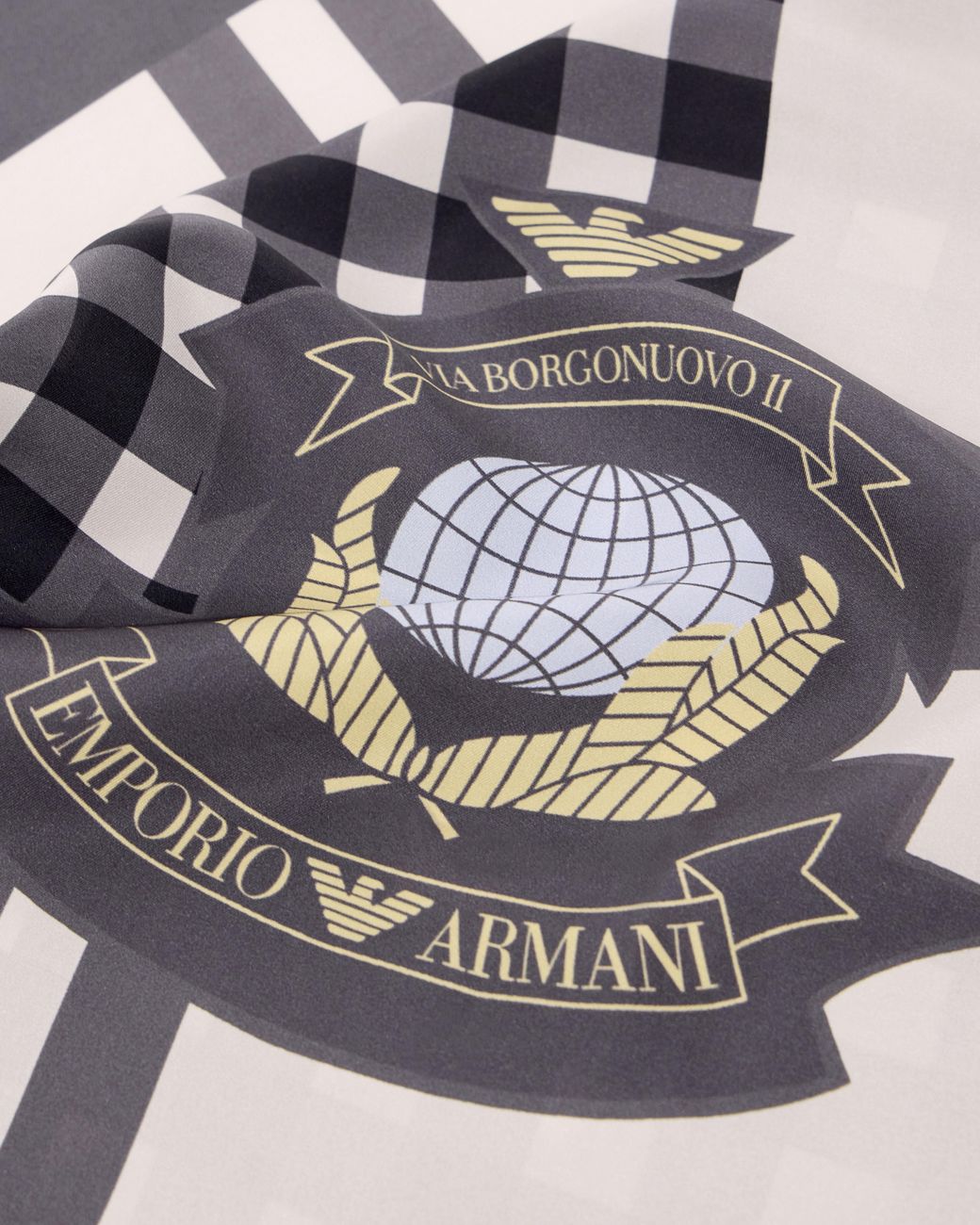 Emporio Armani White Silk Foulard With A Checkered Pattern And A Globe Motif
