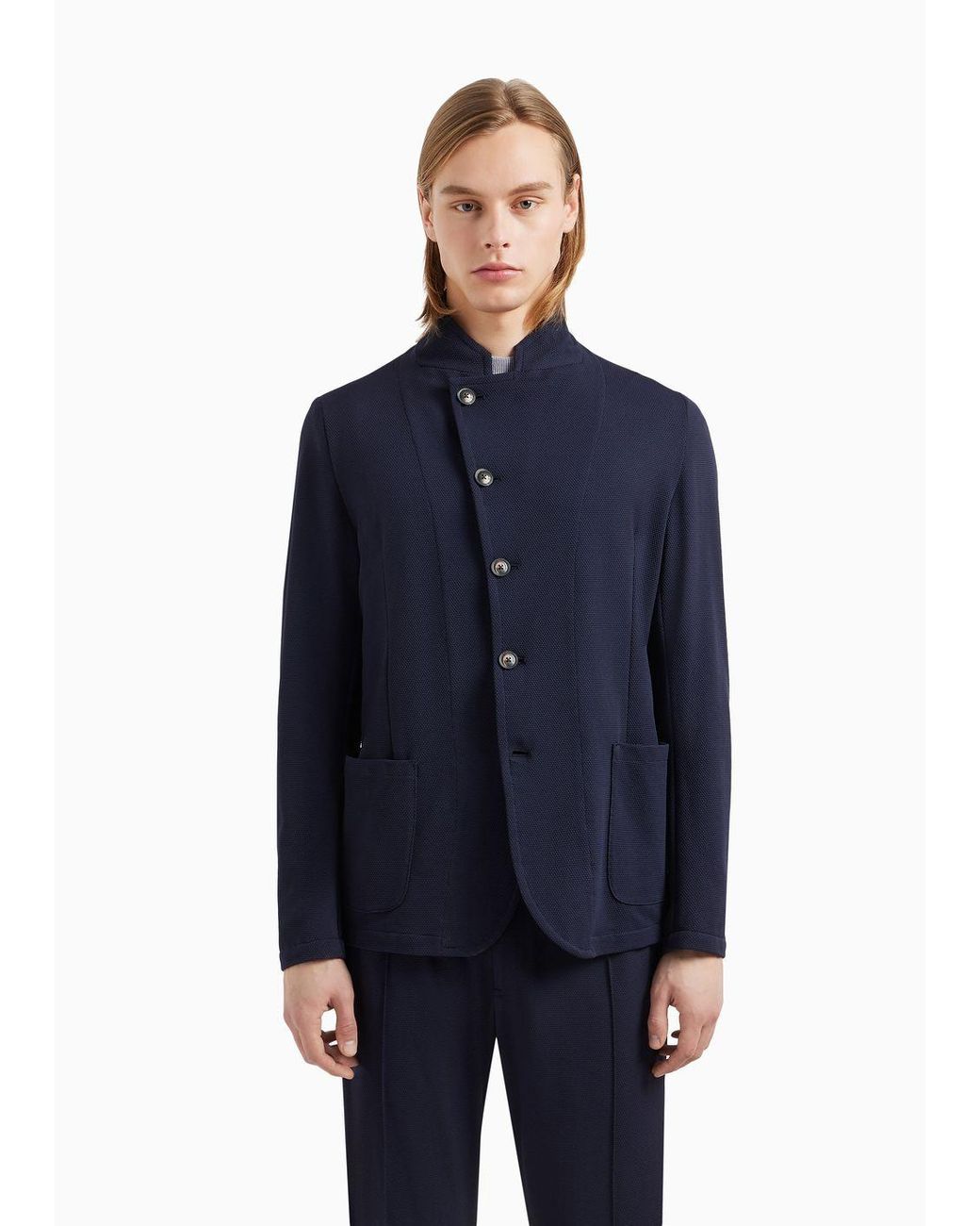 Emporio Armani Guru-collar Jacket With Off-centre Fastening In 3d Emporio Armani Guru-collar Jacket With Off-centre Fastening In 3d