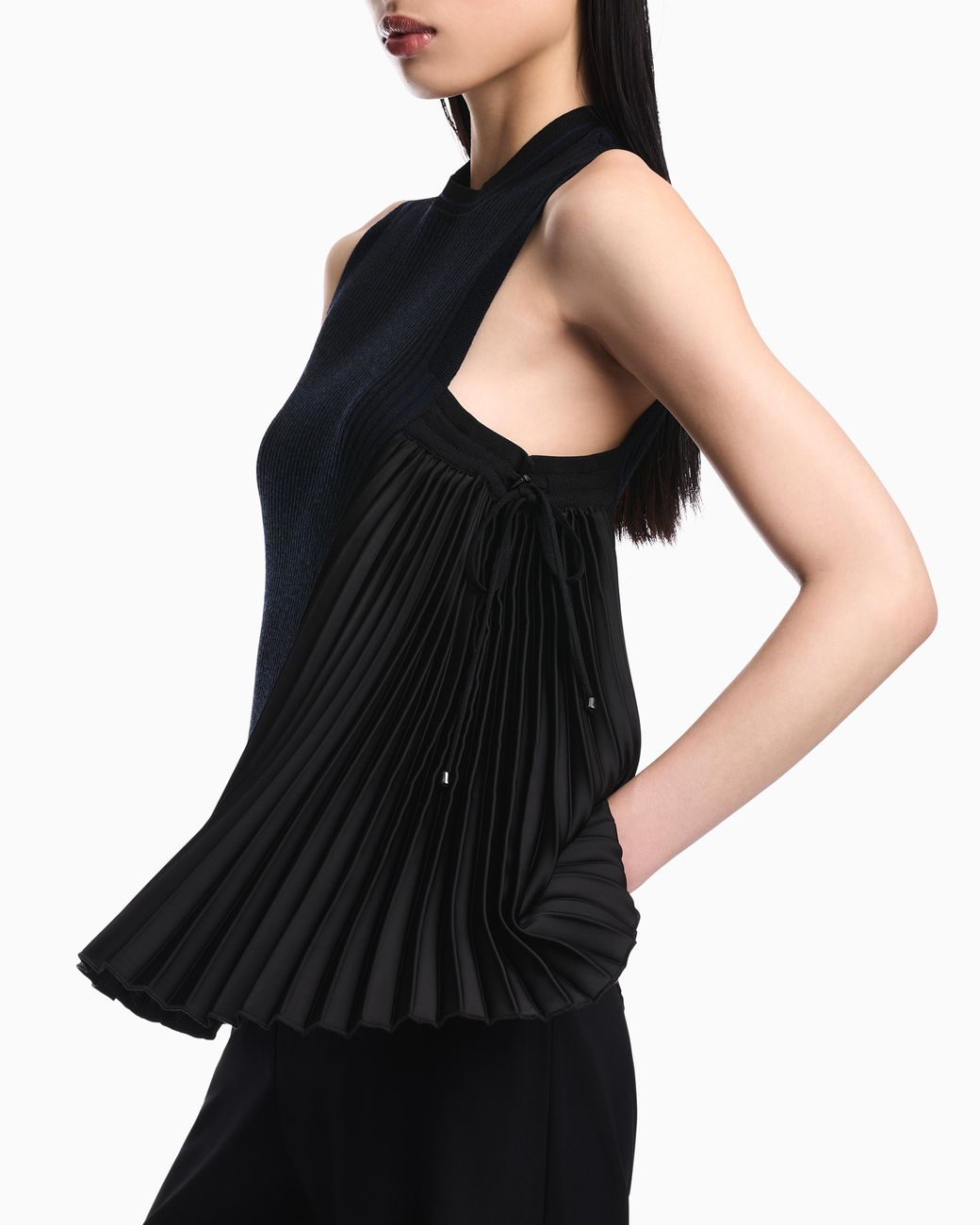 Emporio Armani Black Knit Top With Asymmetrical And Sleeveless Ribbed Design And Pleated Panel