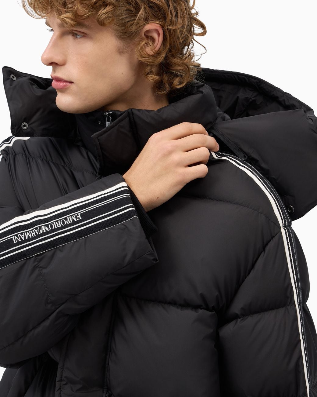 Emporio Armani Black Quilted Down Jacket With Hood And Stripes On Sleeves for men