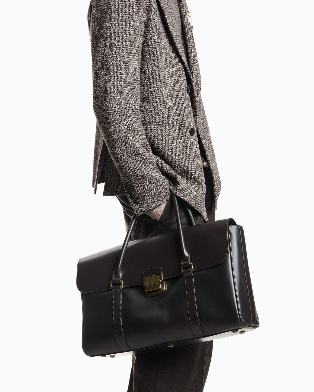 Emporio Armani Black Leather Briefcase With A Flap Closure And A Metal Clasp for men