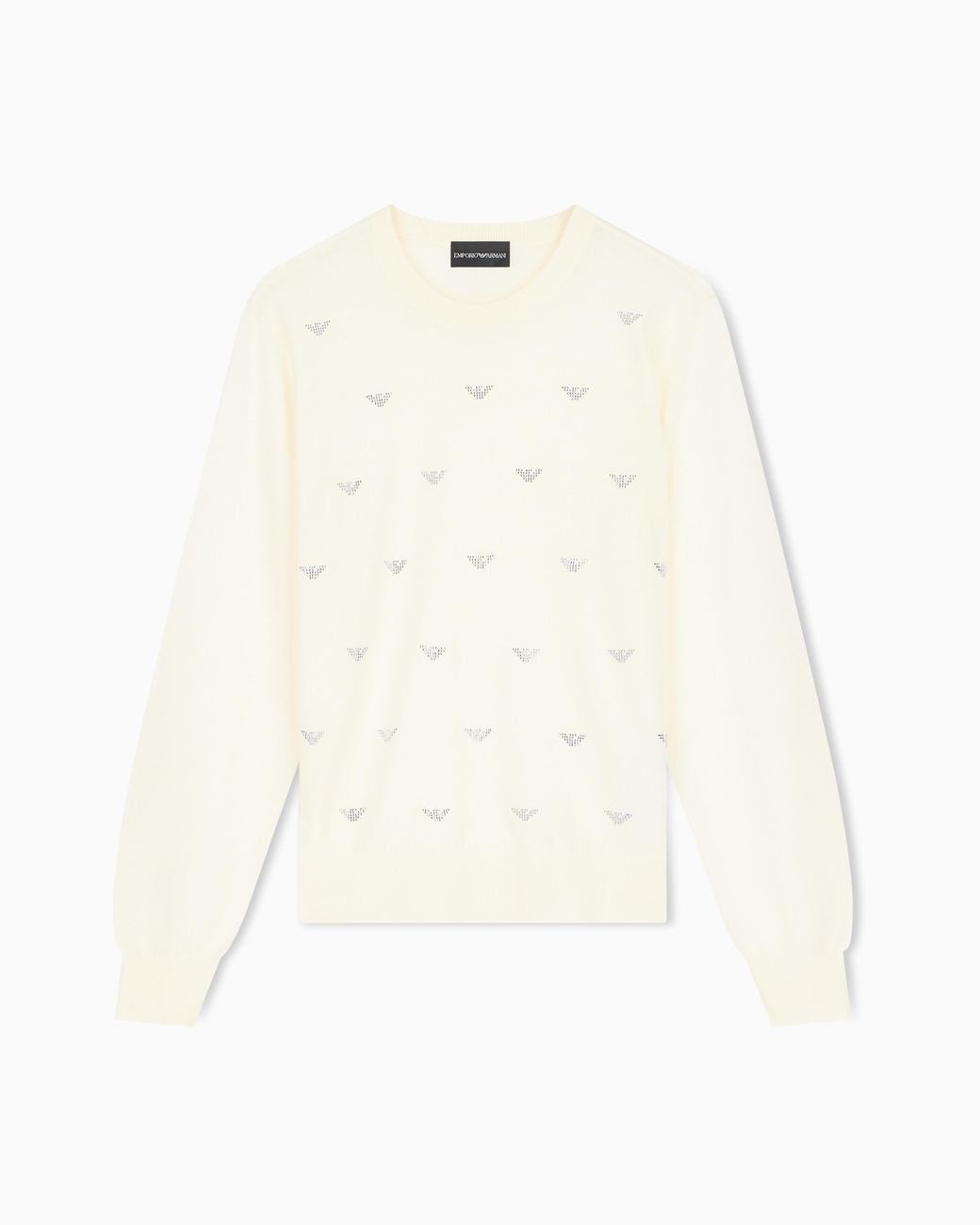 Emporio Armani White Crew-Neck Virgin Wool Pullover With Rhinestone Details