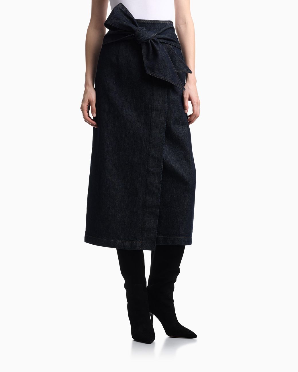 Emporio Armani Blue Cotton Denim Skirt With A Wide Waistband And Self-Tie Belt