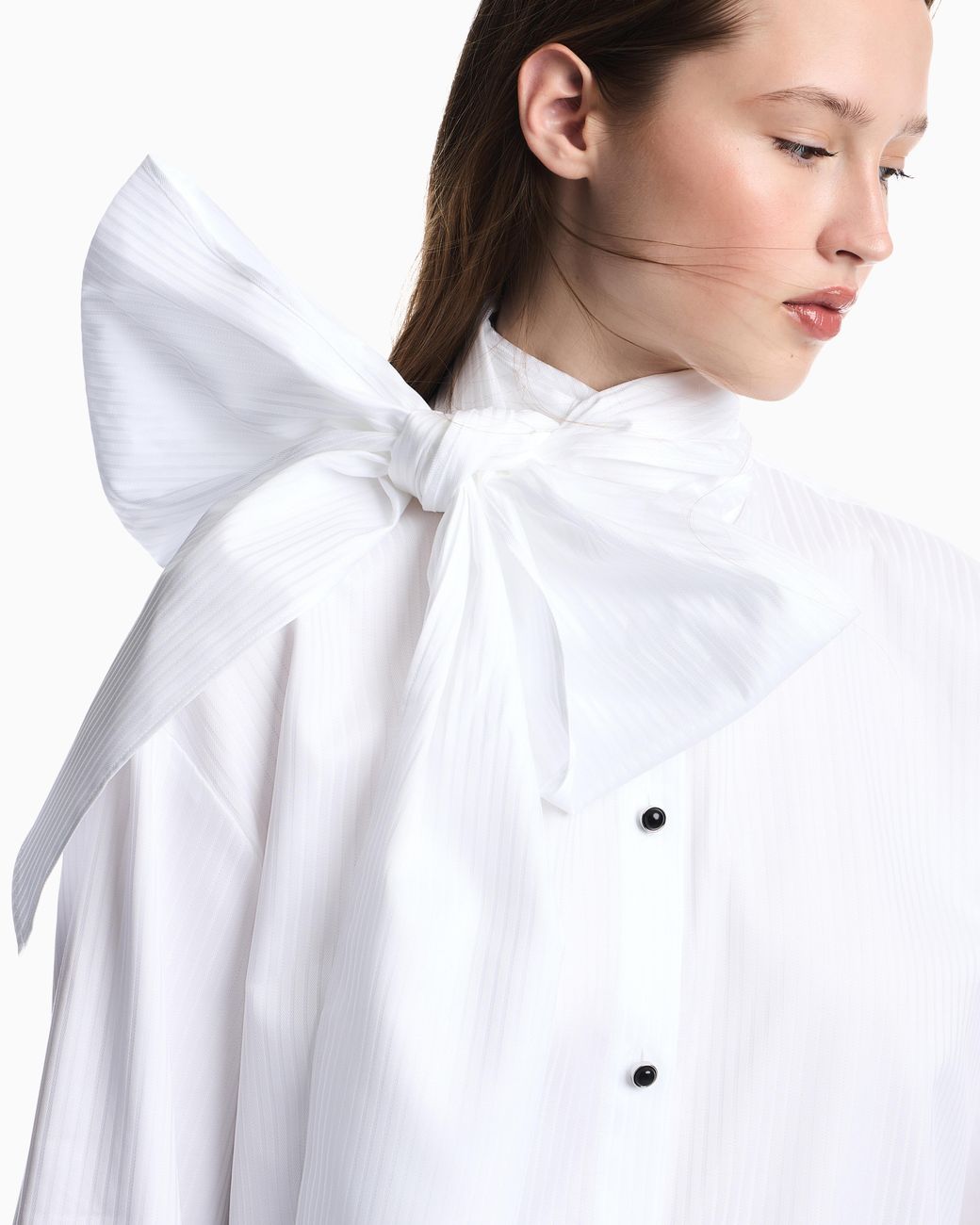 Emporio Armani White Oversized Striped Shirt With Bow