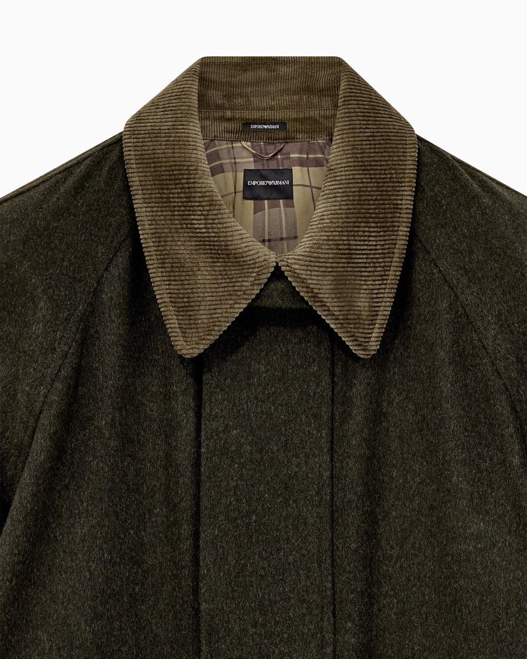 Emporio Armani Green Loden Coat With A Corduroy Collar And A Plaid Lining for men