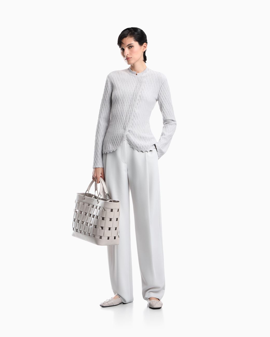 Emporio Armani White Double Ottoman Blazer With Wavy Texture And Scalloped Edges