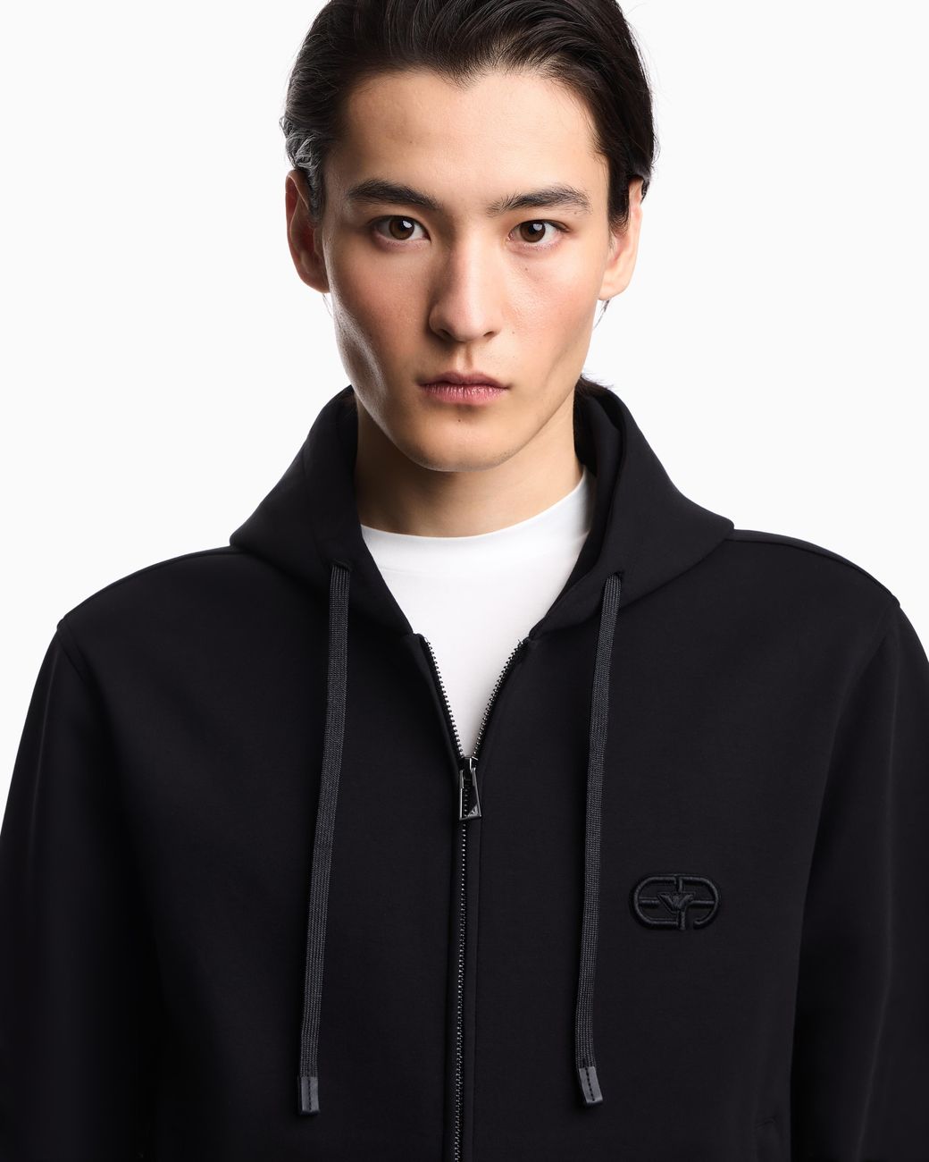 Emporio Armani Black Double Jersey Zip-Up Hooded Sweatshirt With Ea Logo Embroidery for men