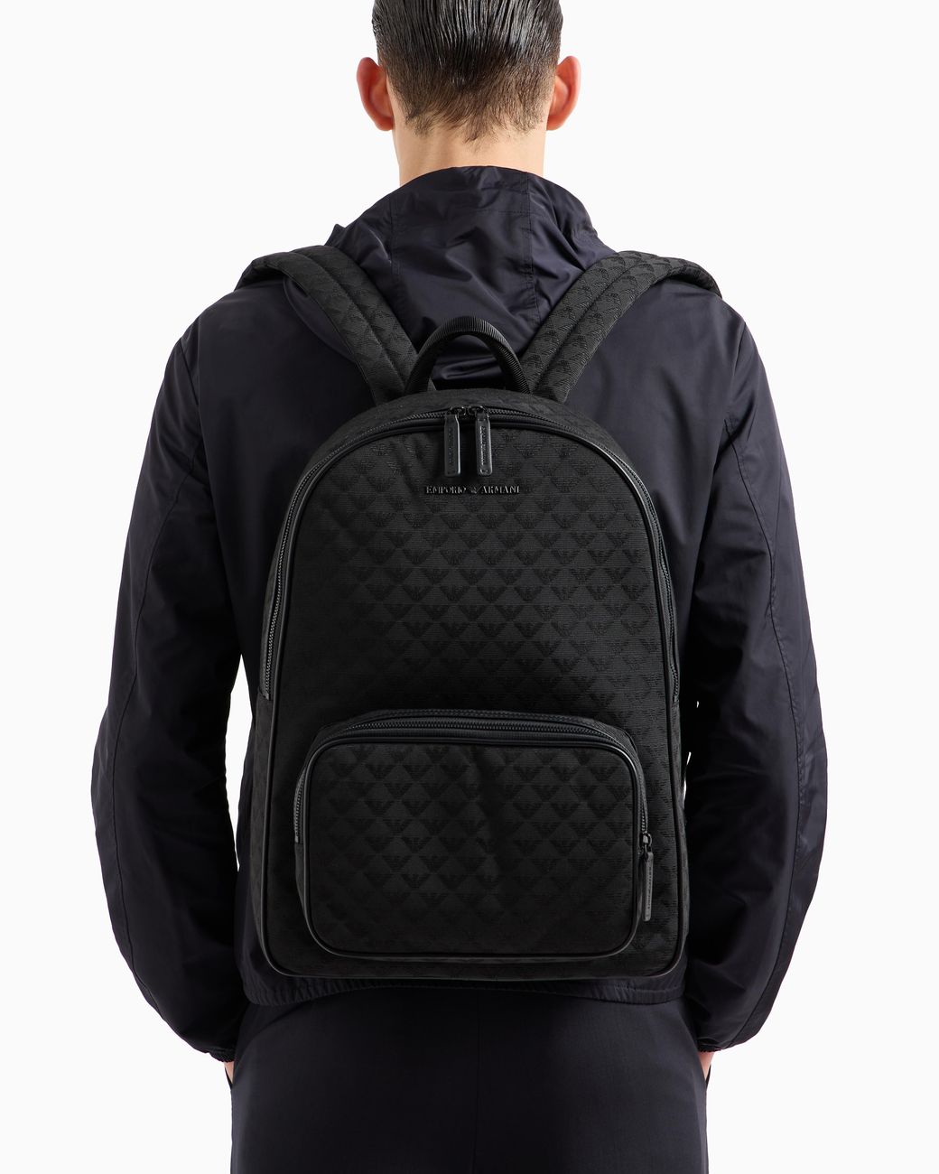 Emporio Armani Black Jacquard Backpack With Logo And Front Pocket Essential for men