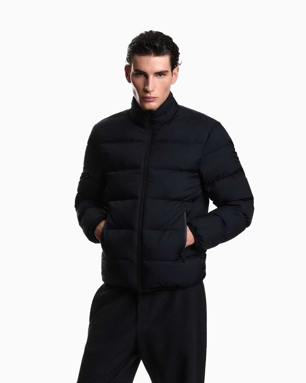 Emporio Armani Blue Water-Repellent, Quilted Nylon Down Jacket With Jacquard Logo Lettering for men