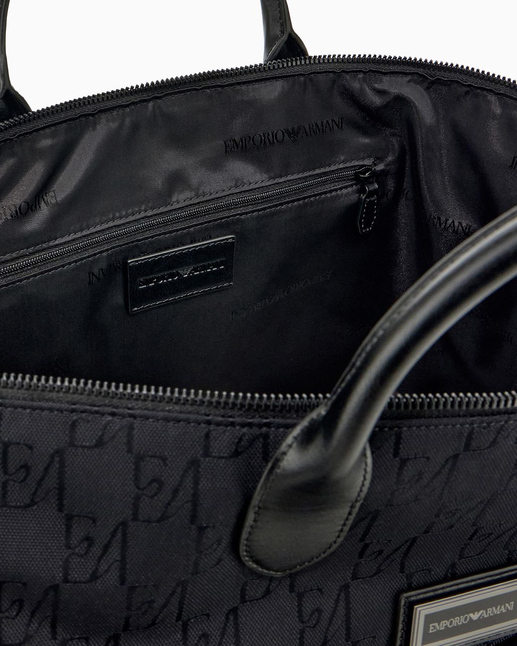 Emporio Armani Black Tote Bag With Monogram Pattern And Bonded Leather Handles for men