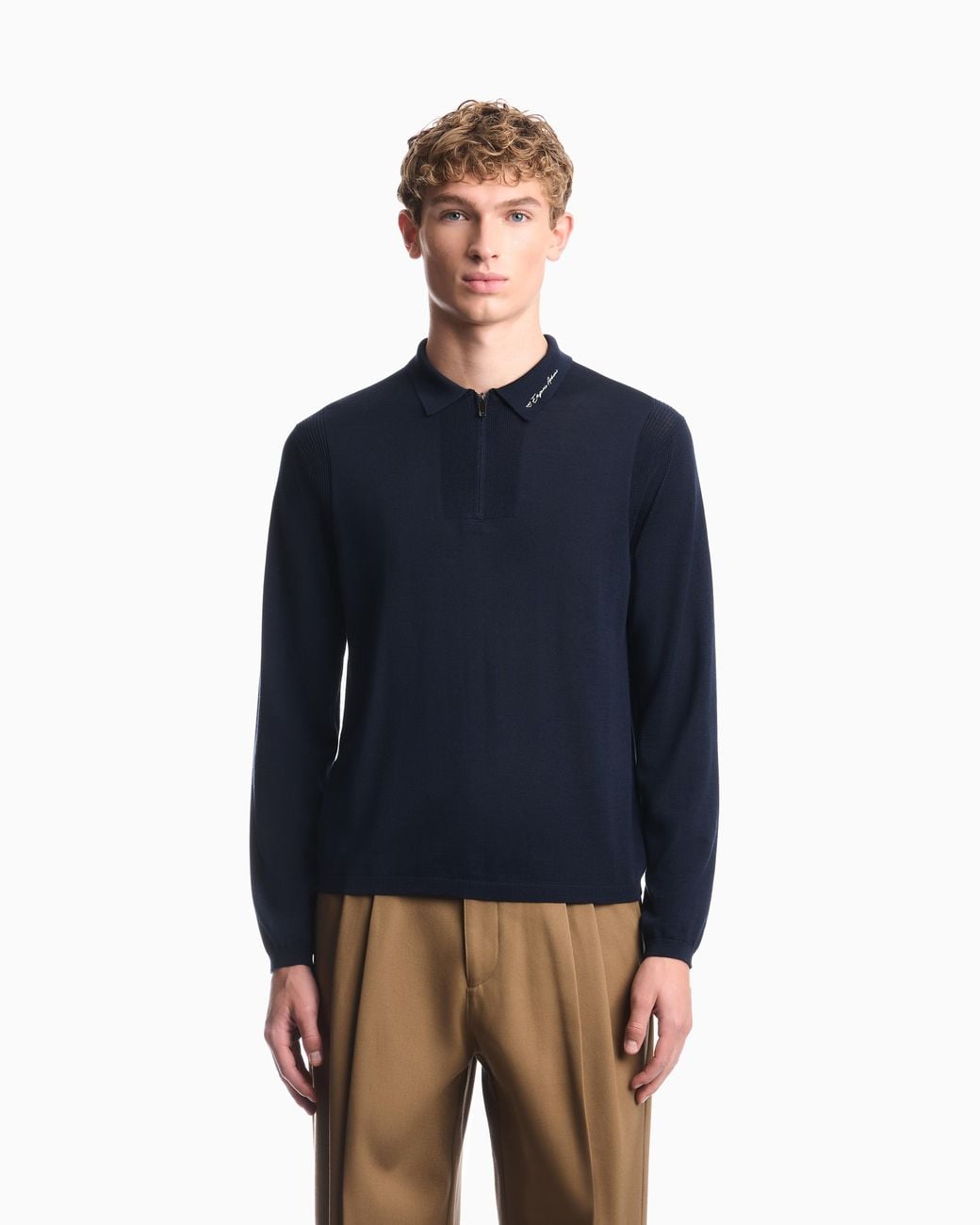 Emporio Armani Blue Shaved Virgin Wool Polo Neck Sweater for men