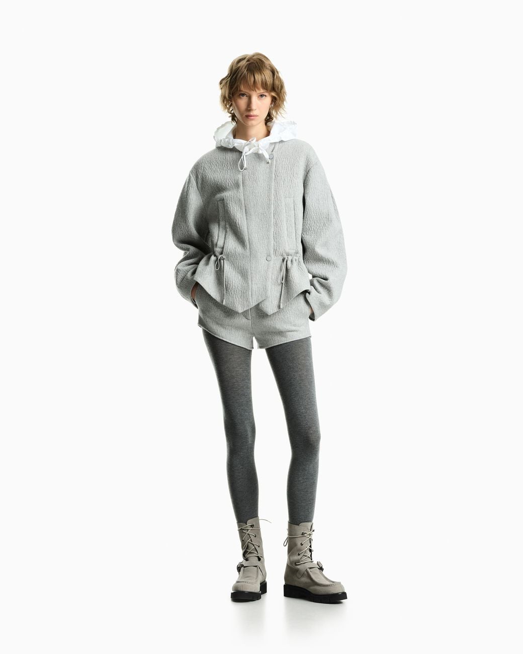 Emporio Armani Gray Wool Seersucker Blouson With A Drawstring Hood And Pockets