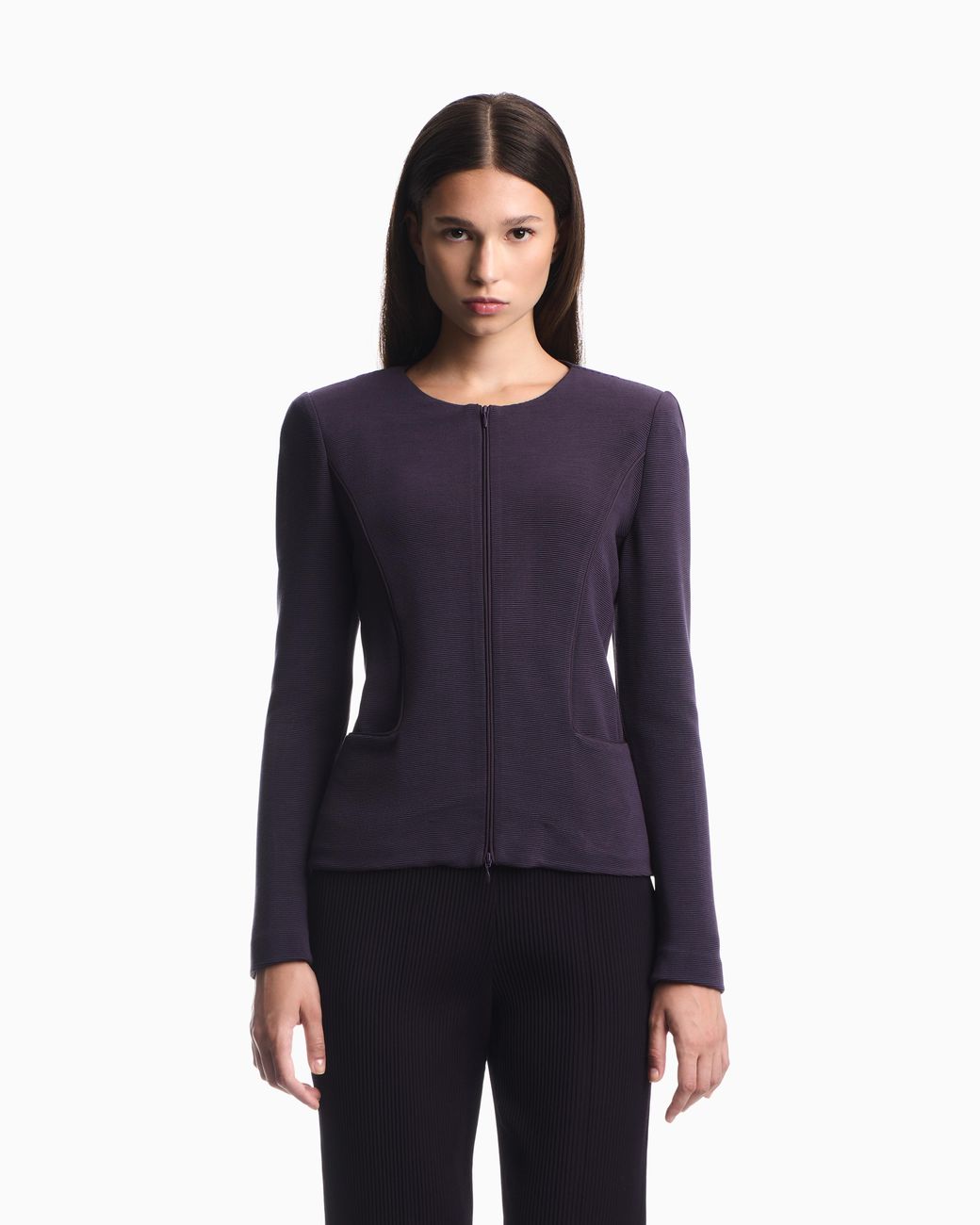 Emporio Armani Purple Slim Fit Ottoman Jersey Blazer With Round Neck And Front Zip