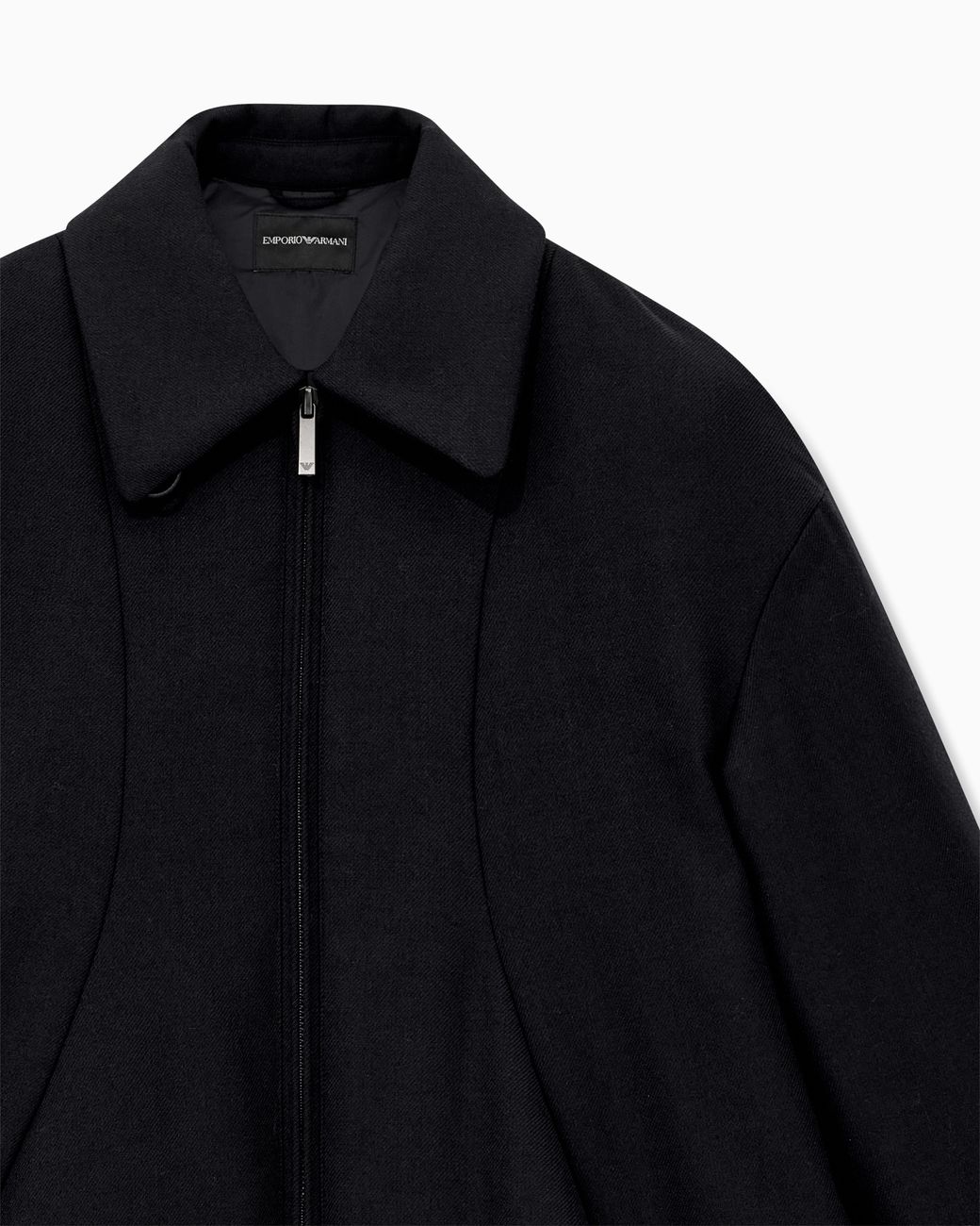 Emporio Armani Black Mixed Wool Twill Coat With Front Zip And Pointed Collar