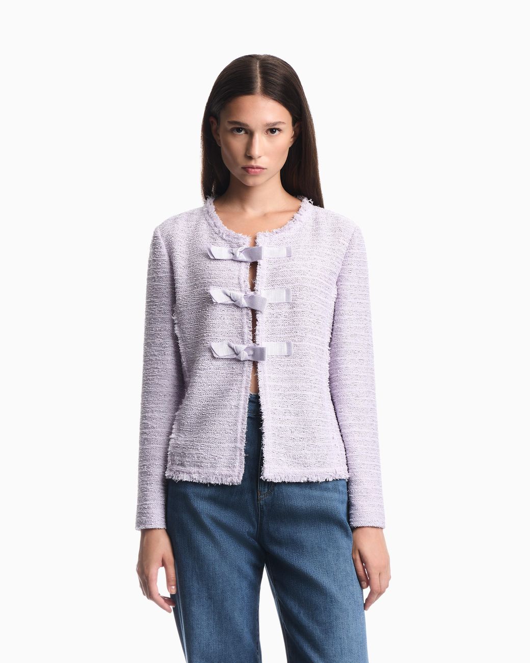 Emporio Armani Purple Unlined Textured Jacket With Ottoman Bows And Round Neckline