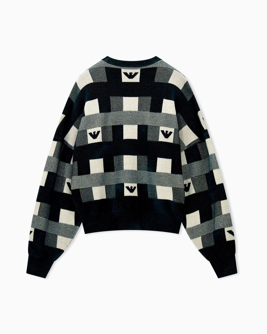 Emporio Armani Black Crew Neck Pullover With Checkered Inlay Graphic And Logo