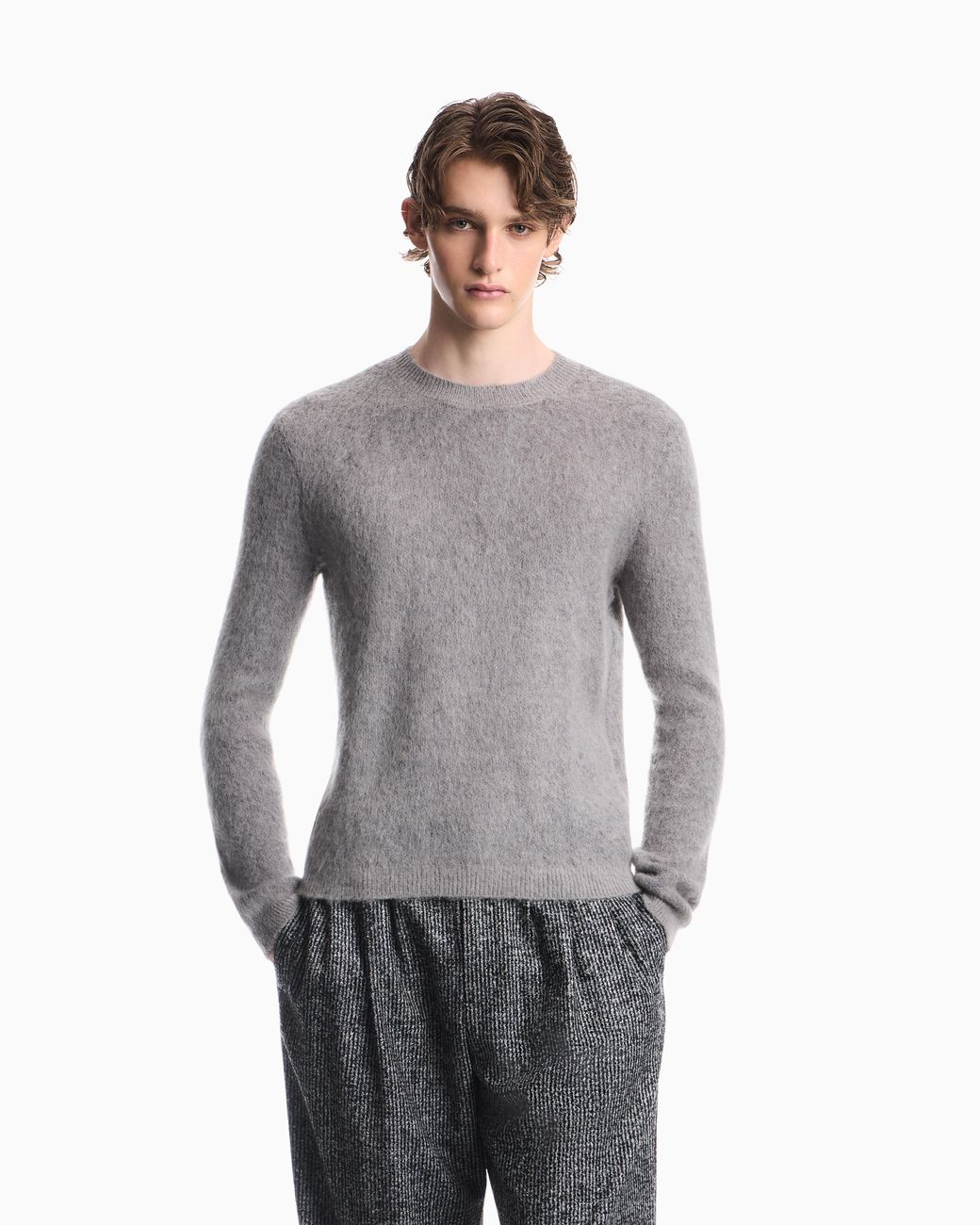 Emporio Armani Gray Brushed Mohair Blend Wool Sweater for men