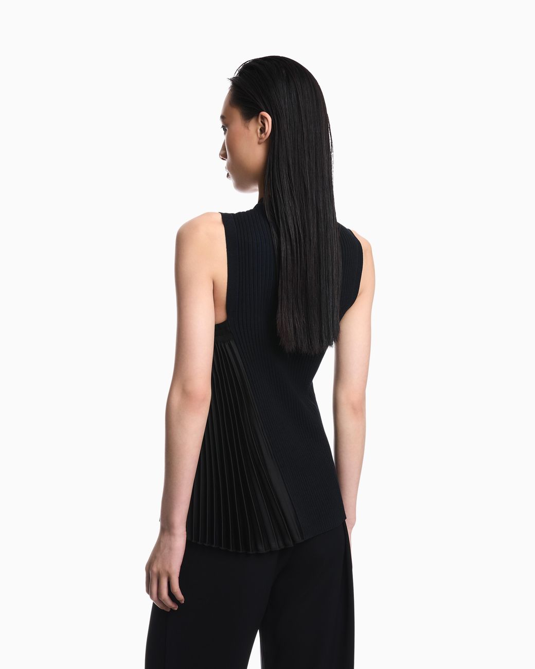Emporio Armani Black Knit Top With Asymmetrical And Sleeveless Ribbed Design And Pleated Panel