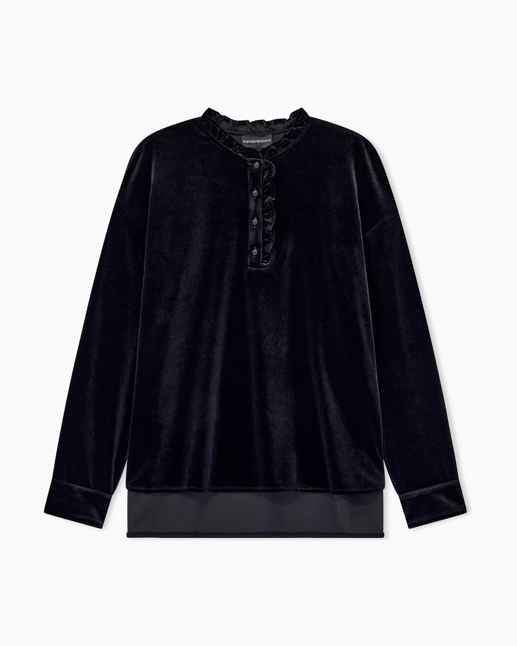 Emporio Armani Blue Chenille Jumper With Ruffled Neckline And Button Placket