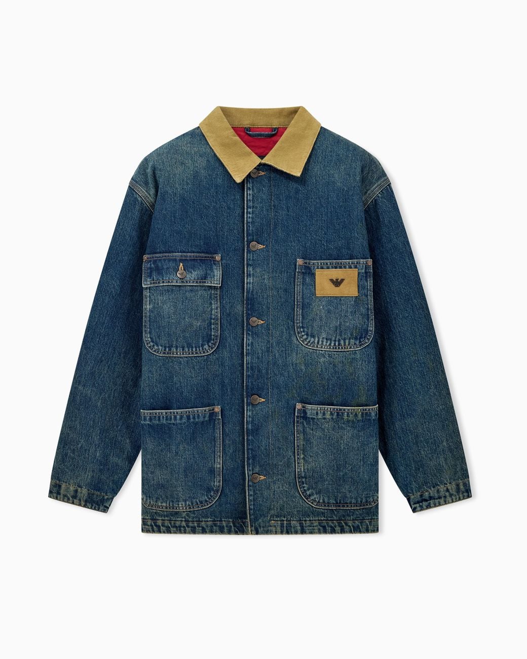 Emporio Armani Blue Cotton Denim Jacket With Corduroy Collar And Patch Pockets for men