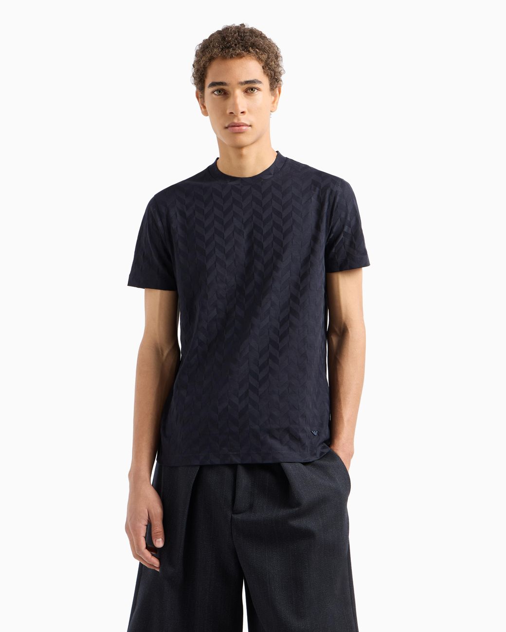 Emporio Armani Blue Jersey T-Shirt With All-Over Jacquard Pattern for men