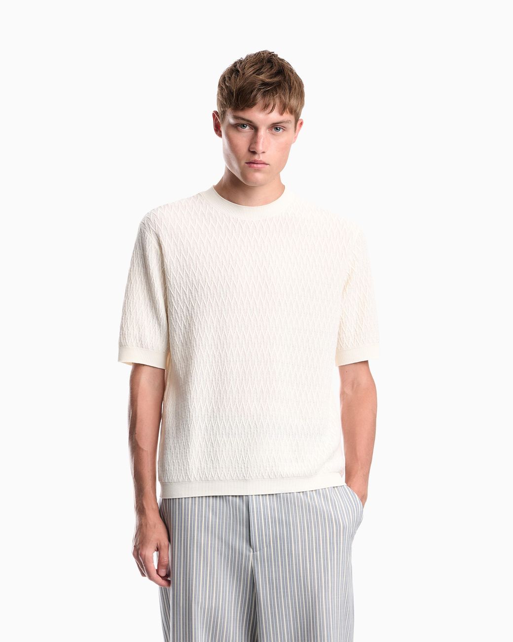 Emporio Armani White Chevron Jacquard Knit Sweater for men